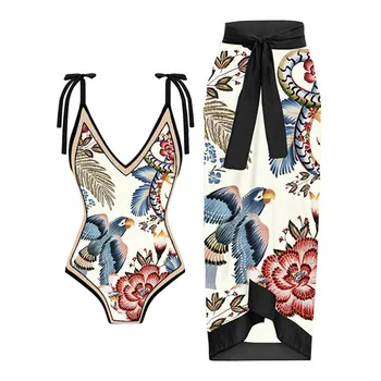 Секси комплект от бикини с флорални принтом, 2 броя, лятна плажно облекло 2023, триъгълни бикини, бански с плажна пола, бански костюми-пелерини