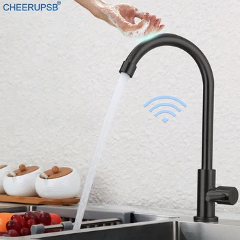Сензорен смесител за кухненска мивка с един монтиране на студено комплект, черен кран с една дръжка, чувствителни на допир смесители, луксозни кранчета Stream със сензор