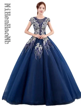 Сини буйни рокля с флорални Апликации Бална Рокля Елегантна Изискана Рокля за бала по поръчка Vestidos De 15