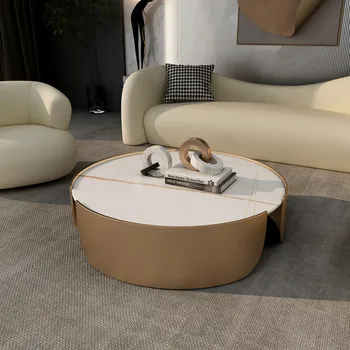 Скандинавски модерен метална масичка за кафе с кръгла каменна плочка, лесен луксозен приставной маса, ъглова масичка в хола