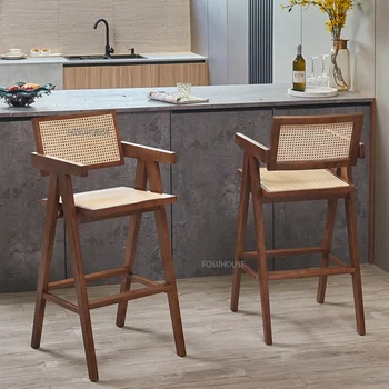 Скандинавски стол от ратан от масивно дърво, Бар стол, мебели за дома, ретро кафене, трапезария, Бар столове за кухня, стол с облегалка за почивка