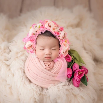 сладка розова шапка ръчна изработка, реколта шапка с цветя за новородено, подпори за фотография, детска шапка с цветя