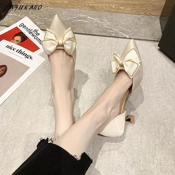 Сладки фини обувки с възел-пеперуда, женски обувки-лодка на тънък ток във френски стил, с малки пресни работни обувки на висок ток с остър пръсти със средна дължина