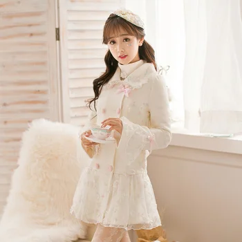 Сладко бяло палто принцеса с лък под формата на конфетного дъжд, бродерия, двубортная апликация на ревера, японски дизайн C16CD6221