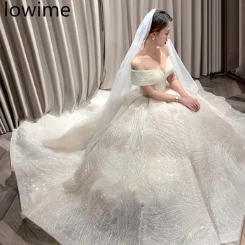 Специално тканевое блестящо бяла сватбена рокля Голям размер с открити рамене, кафтан, сватбени рокли, винтажное Vestido De Noiva, луксозна Параклис