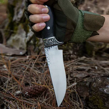 Стоманено огледало, лампа, D2, тактически прав нож за самозащита в джунглата, прав нож за къмпинг, ловен нож с грушевой дървена дръжка