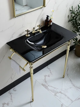 Стъклена мивка със златен бронз метален за монтиране на стена, с Износ на висококачествени аксесоари за баня, на вила в хотела, кратка мивка със стойка