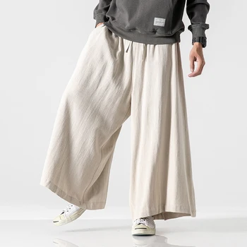 Супер свободни памук, ленени панталони мъжки директни ежедневни широки панталони есен-зима японски панталони големи размери с еластичен ластик на талията
