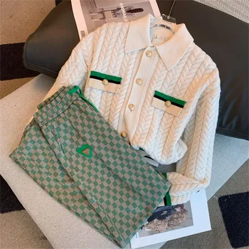 Съкратен обрат-пуловер, однобортный вязаный жилетка, палто с ревера + Широки зелени панталони в шахматна дъска модел, спортни панталони, 2 комплекта