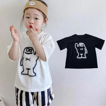 Тениски с къс ръкав за малки момичета и момчета, детски тениски с анимационни принтом, пуловер от 100% памук, лятна детски дрехи в корейски стил