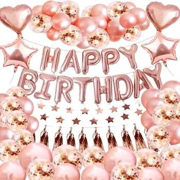 Украса за парти в чест на рождения ден на от розово злато, набор от балони за парти с надпис Happy Birthday, конфети, гирлянда от фолио, Пискюл за