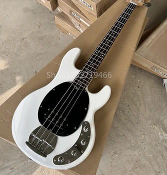 Фабричная бяла 4-струнен електрически бас-китара, лешояд от палисандрово дърво, хром профили, активен контур, адаптивни