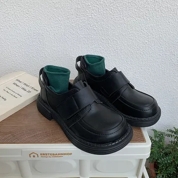 Фини дамски обувки пролет-есен униформи JK, малки черни обувки в стил ретро, изкуствена кожа, студентски обувки с големи пръсти на дебела подметка