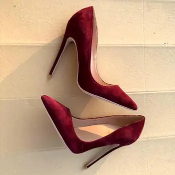 Червени велурени обувки-лодка на висок ток 12 см, женски модел обувки на висок ток с остър пръсти, обувки за банкет, и празник, голям размер на 45