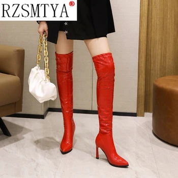 Червени пикантни ботфорты над коляното, дамски обувки на висок ток, дамски ботуши до бедрата, пролетни кожени дълги ботуши, дамски обувки голям размер 40