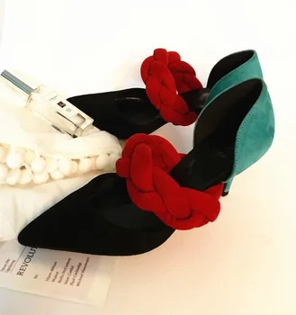 Червени Плетени въжени лоскутные дамски обувки-лодка с остри пръсти, цветни модела обувки с остър пръсти на висок ток, кадифе банкетная обувки с ниско деколте 9 мм