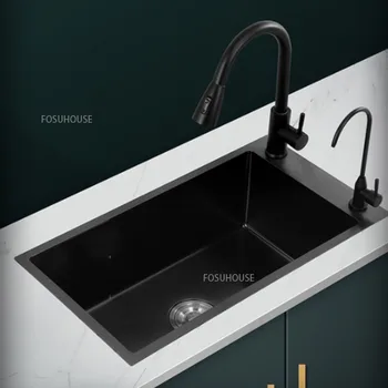 Черен Нано кухненска мивка с един утолщением от неръждаема стомана 304, домакинство кухненски аксесоари за декорация на дома, мивка за измиване на съдове
