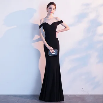 Черна вечерна рокля, женствен стил, водещи банкет, Известни с дългия си риба опашка, Сексуална дебнещ рокля, лято
