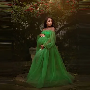 Шик зелени тюлевые рокли за бременни с еластична деколте и дълги ръкави, прозрачни рокли големи Размери по поръчка за бременни